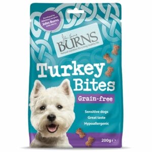 A 200g pouch of BURNS Turkey Bites Grain Free Dog Treats