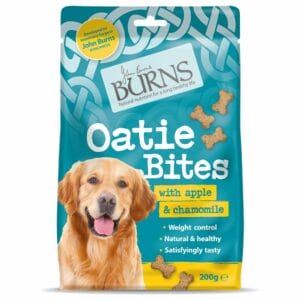 A 200g pouch of BURNS Oatie Bites with Apple & Chamomile Dog Treats