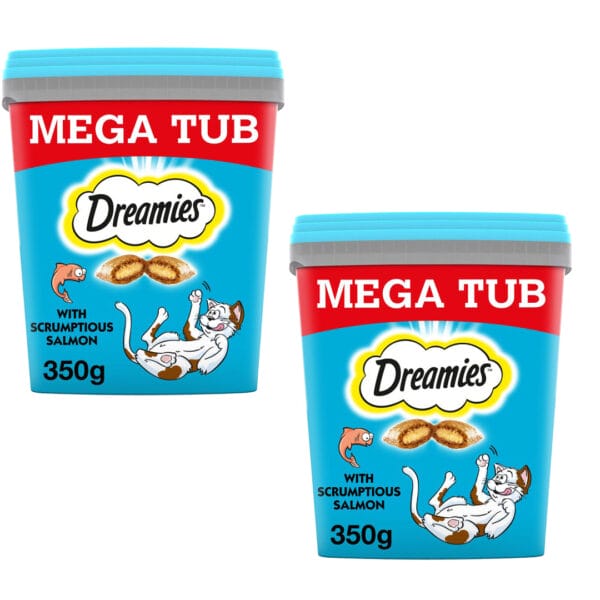 2 tubs of DREAMIES Mega Tub Adult 1+ Salmon Cat Treats 350g