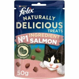 A 50g pouch of FELIX Naturally Delicious Salmon & Spinach Cat Treats