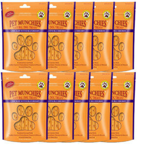 8 Pouches of PET MUNCHIES Chicken with Blueberry Dog Treats 80g