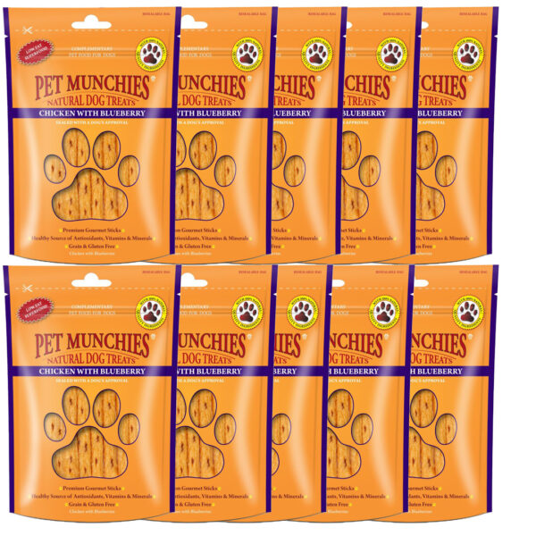 8 Pouches of PET MUNCHIES Chicken with Blueberry Dog Treats 80g