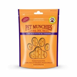 An 80g pouch of PET MUNCHIES Chicken with Blueberry Dog Treats