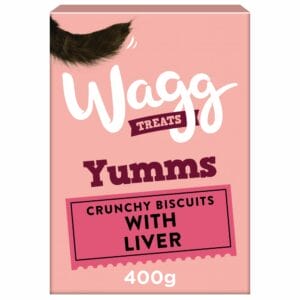 A 400g box of WAGG Yumms Crunchy Biscuit with Liver Dog Treats