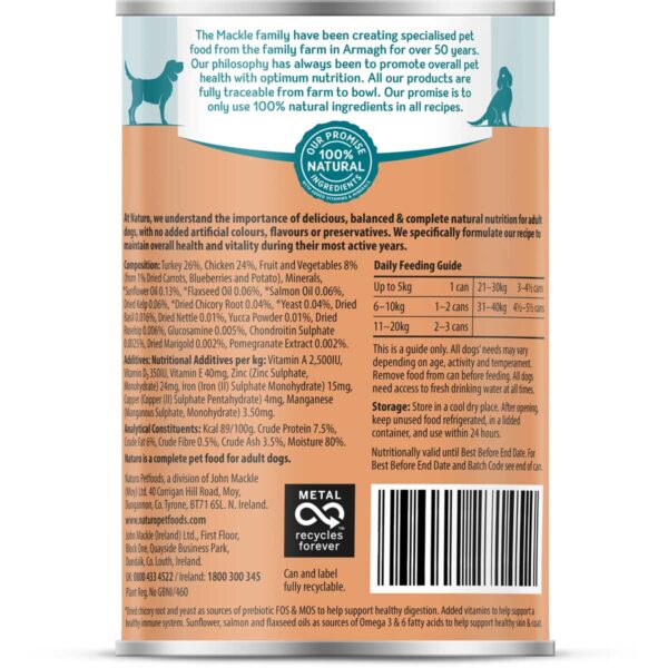 Naturo Grain Free Wet Dog Food Turkey with Chicken in Gravy BAck of Can