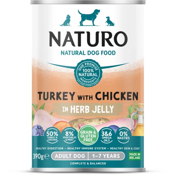 Naturo Grain Free Wet Dog Food Turkey with Chicken in Gravy Front of Can