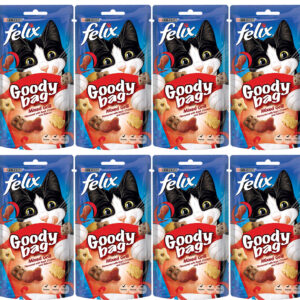 8 pouches of FELIX Goody Bag Mixed Grill Flavoured with Beef, Chicken and Salmon Adult Cat Treats 60g