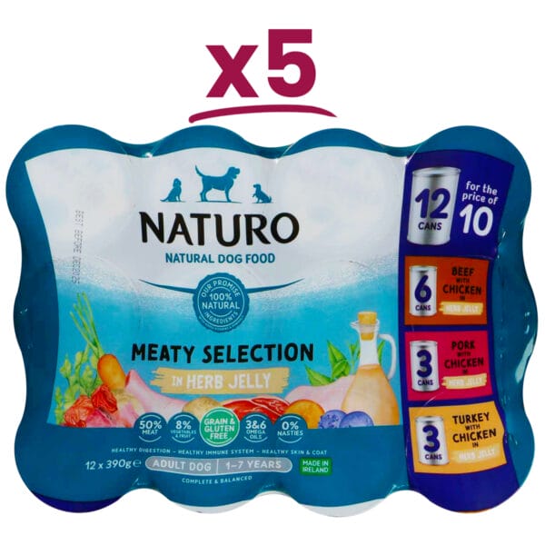 5 packs of Naturo Meaty Selection in Herb Jelly 12 cans for the price of 10 cans