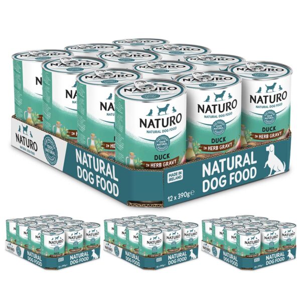 48 cans of NATURO wet dog food in duck flavor