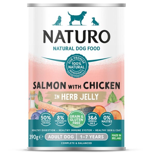 A can of Naturo Salmon with Chicken in Jelly 390g