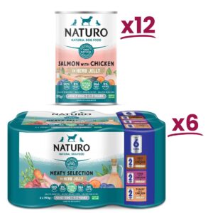 Naturo 12 cans of salmon with Chicken, and 6 packs of Meaty Selection in Herb Jelly 6 390g can pack