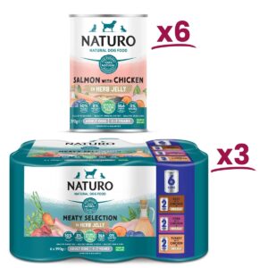 Naturo 6 cans of salmon with Chicken, and 3 packs of Meaty Selection in Herb Jelly 6 390g can pack