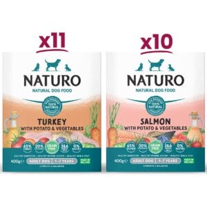 11 boxes each of Naturo Grain Free Turkey and 10 boxes of Naturo Salmon both with Potato and Vegetables 400g