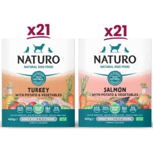 21 boxes each of Naturo Grain Free Turkey and Salmon both with Potato and Vegetables 400g