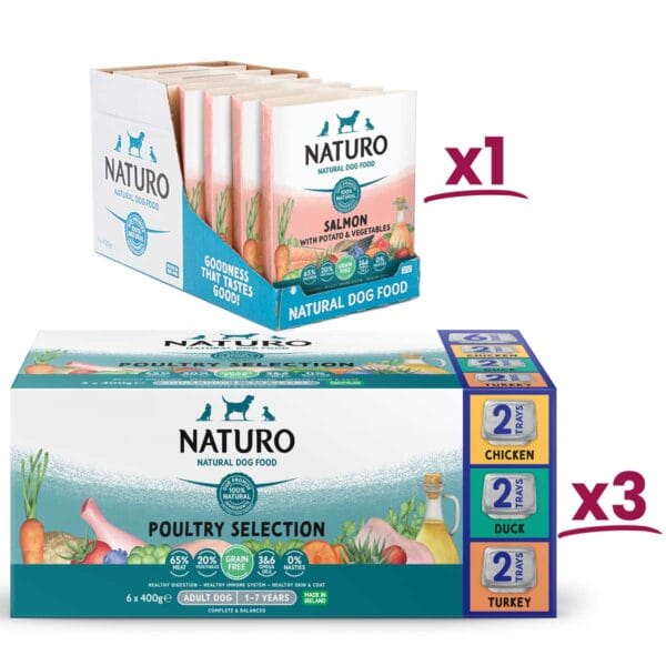 1 box of Naturo Grain Free Salmon with Potato and Vegetables and 3 boxes of Naturo Grain Free Poultry Selection both in 400g