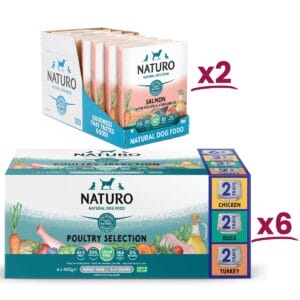 2 boxes of Naturo Grain Free Salmon with Potato and Vegetables and 6 boxes of Naturo Grain Free Poultry Selection both in 400g