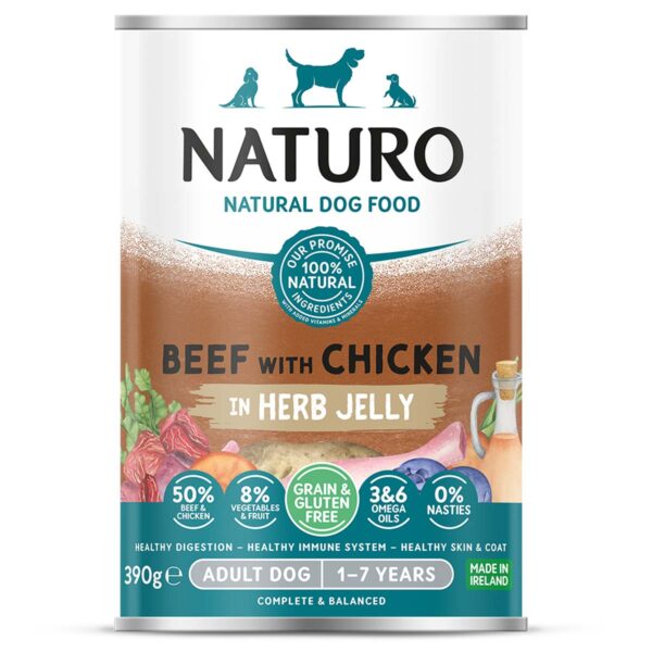 Naturo Grain Free Wet Dog Food Beef In Jelly Front of Can