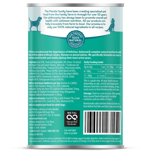 Naturo Grain Free Wet Dog Food Duck in Gravy Back of Can