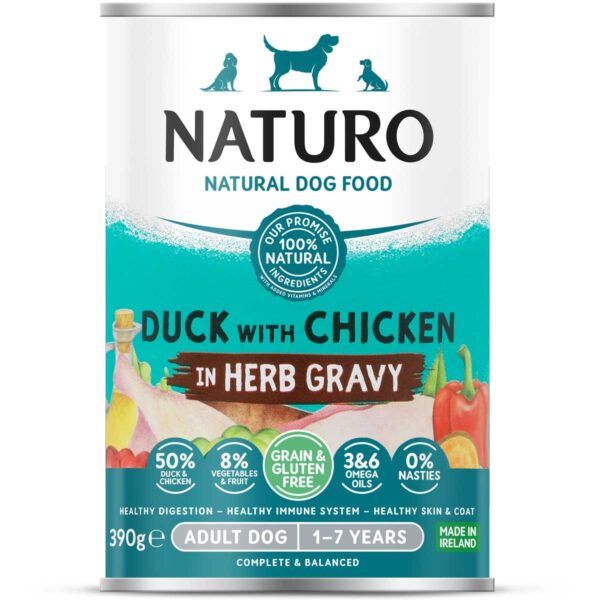 Naturo Grain Free Wet Dog Food Duck with Chicken in Gravy Front of Can