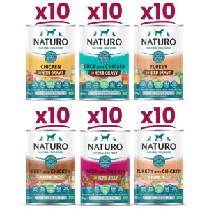 10 cans each of Naturo Chicken, Duck with Chicken, Turkey with Herb Gravy, and Beef with Chicken, Pork with Chicken, and Turkey with Chicken in Herb Jelly 390g
