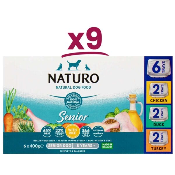 9 boxes of Naturo Senior Variety in Chicken, Duck, and Turkey with Rice 400g 6 Trays