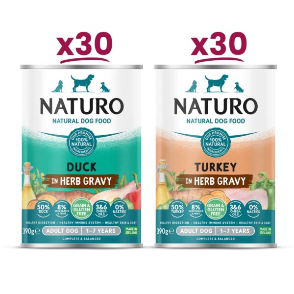 30 cans each of Naturo Duck and Turkey both in herb gravy 390g