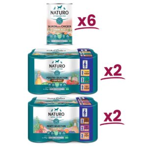 6 cans of Salmon with Chicken in Herb Jelly 390g and 2 boxes each of Naturo Meaty Selection and Poultry Selection 390g