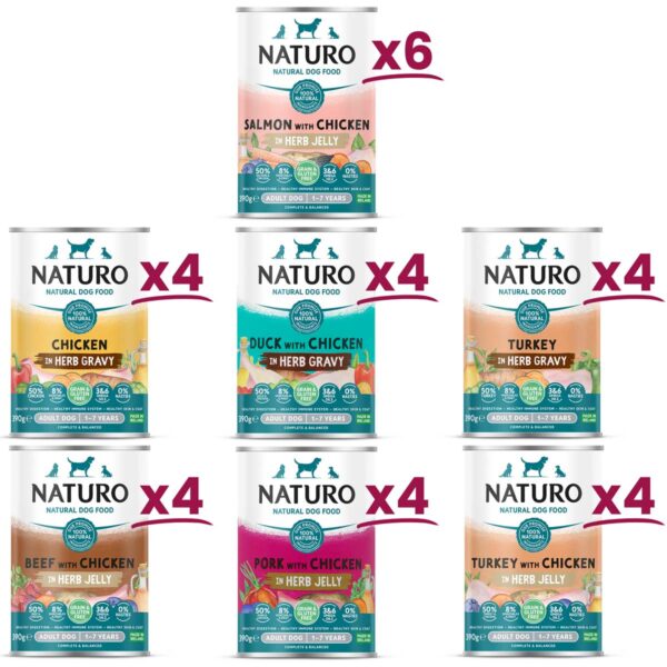 Bundle of Naturo products including 2x Naturo Poultry Selection in Herb Gravy 390g, 2x Naturo Meaty Selection in Herb Jelly 390g, and 6 Cans of Naturo Salmon with Chicken in Herb Jelly 390g